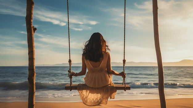 Mujer sentada en un columpio de la playa disfrutando de la vista del océano