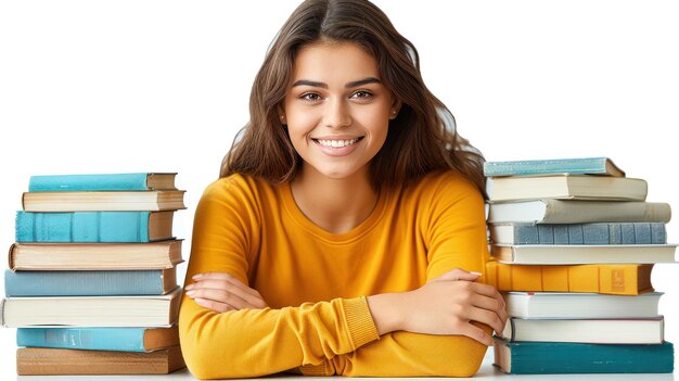 Foto mujer sentada delante de una pila de libros