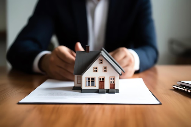 Una mujer sentada en un escritorio con una casa modelo en la parte superior.