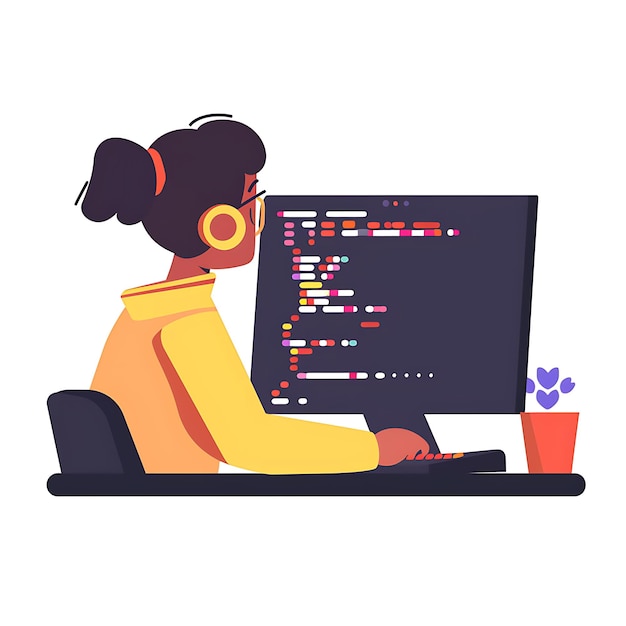 una mujer sentada en un escritorio con una computadora y auriculares