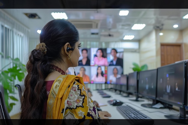 Mujer sentada en un escritorio con un monitor de portátil