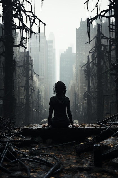 una mujer sentada en un espacio oscuro con una ciudad al fondo.