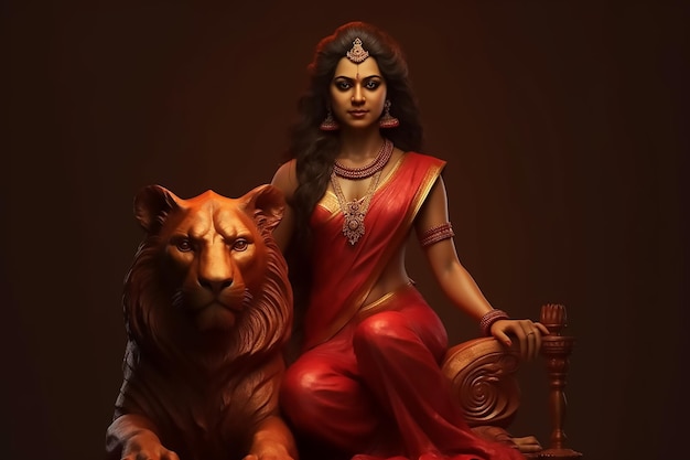 Una mujer sentada en una estatua de león