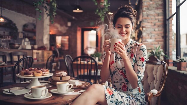 Mujer sentada felizmente bebiendo café en una cafetería