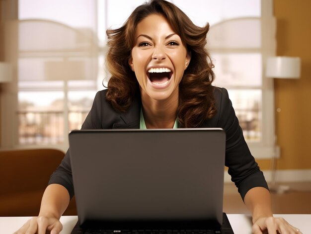 Foto una mujer sentada frente a una computadora portátil ia generativa