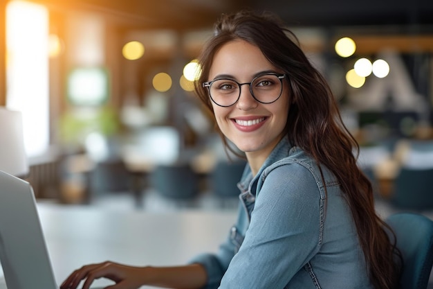 Foto mujer sentada frente a una computadora portátil