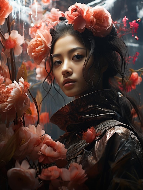 una mujer sentada frente a una flor rosa llena de agua generada por ai