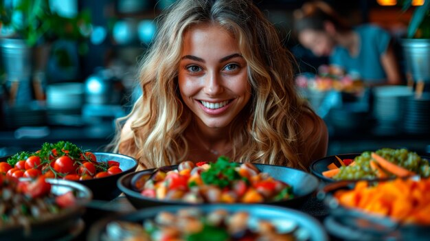 Foto mujer sentada frente a una mesa llena de comida con ia generativa