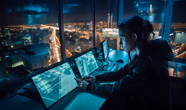 Una mujer sentada frente a un monitor de computadora Una mujer trabajando en una computadora
