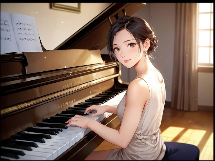 una mujer sentada en un gran piano en un brillante