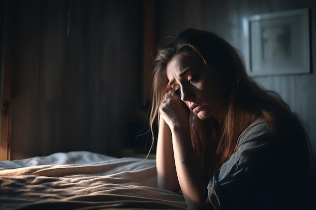 Foto una mujer está sentada en una habitación oscura con la cabeza gacha y la mano en la frente.