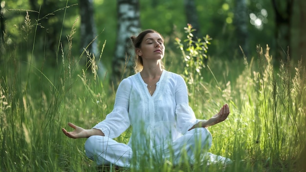 Mujer sentada haciendo yoga en la hierba