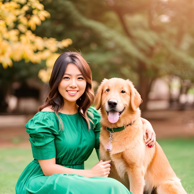 Una mujer sentada en la hierba con un perro dorado.