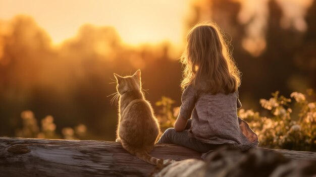 Mujer sentada junto a su gato al atardecer