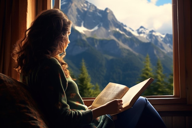 Mujer sentada junto a la ventana con un libro Ilustración AI GenerativexA