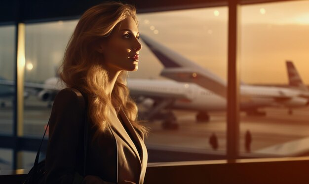 Foto una mujer está sentada junto a una ventana con vistas a un aeropuerto