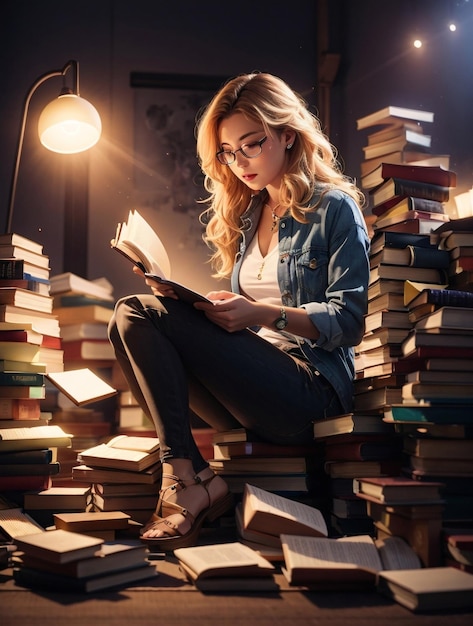 Mujer sentada y leyendo sobre la pila de libros