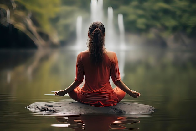 La mujer sentada en el loto está meditando