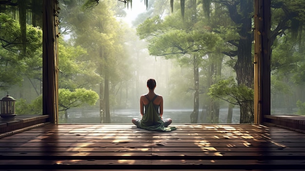 Mujer sentada en meditación en la habitación