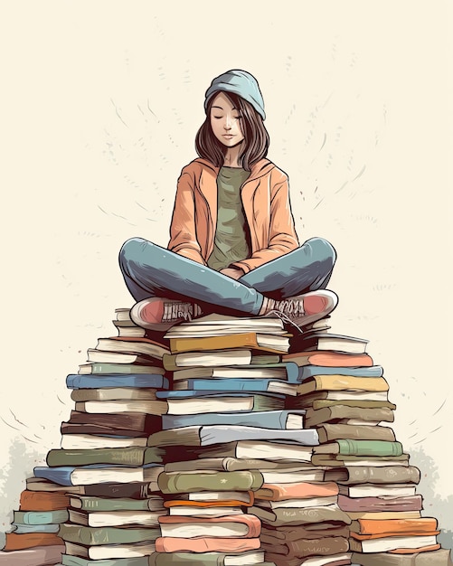 Mujer sentada y meditando en un montón de libros copia espacio creado con tecnología de IA generativa