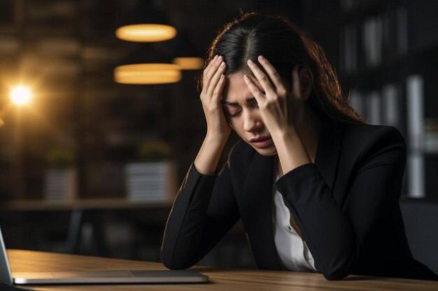 una mujer sentada en una mesa con la cabeza entre las manos