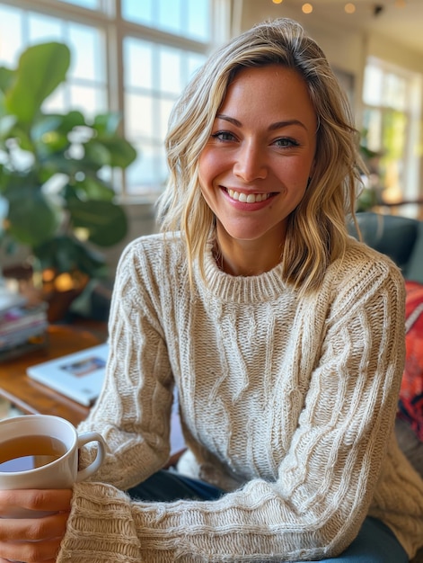 Mujer sentada en la mesa con café