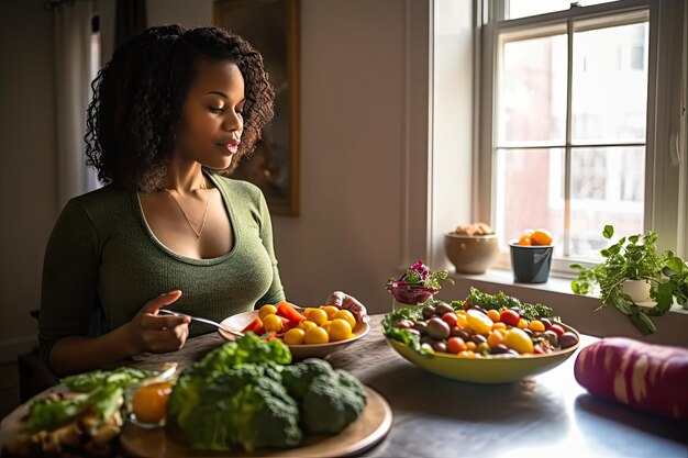 Una mujer sentada en una mesa de la cocina con una variedad