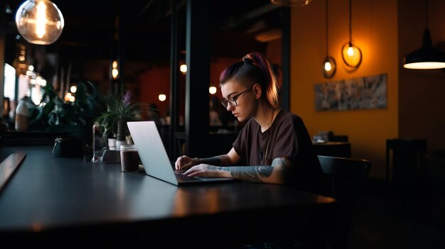 Foto una mujer está sentada en una mesa con una computadora portátil delante de ella