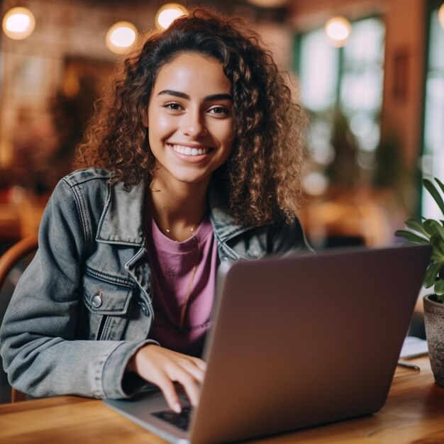 Foto una mujer sentada en una mesa con una computadora portátil y una planta al fondo.