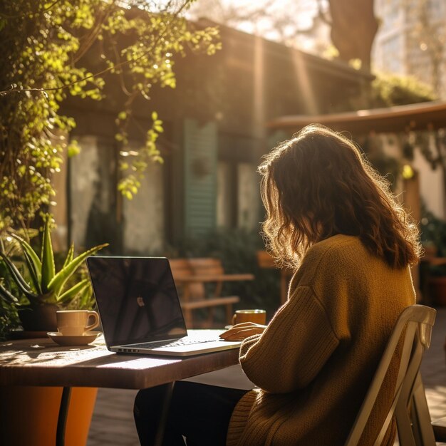 una mujer sentada en una mesa con una computadora portátil y una taza de café