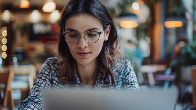 Foto mujer sentada en la mesa con una computadora portátil