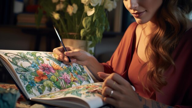 Mujer sentada en la mesa con cuaderno y pluma