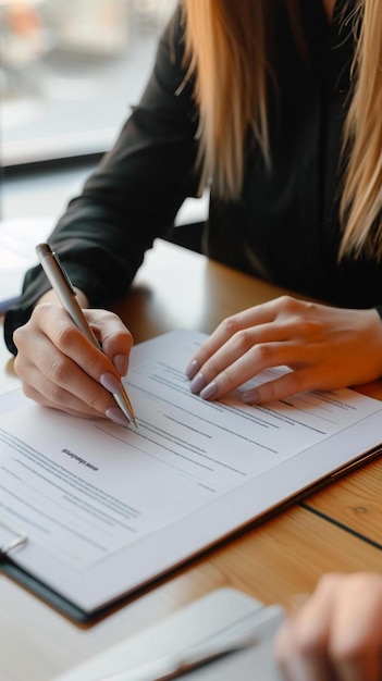 Foto una mujer sentada en una mesa escribiendo en una hoja de papel