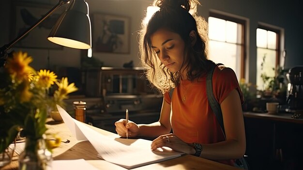 Foto mujer sentada en la mesa escribiendo en papel día de la amistad