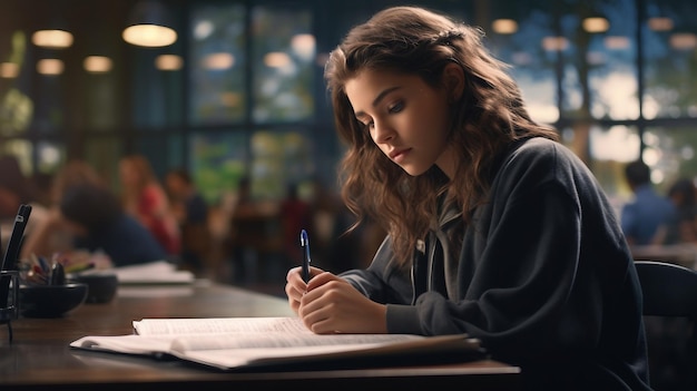 Mujer sentada en la mesa escribiendo en papel de regreso a la escuela