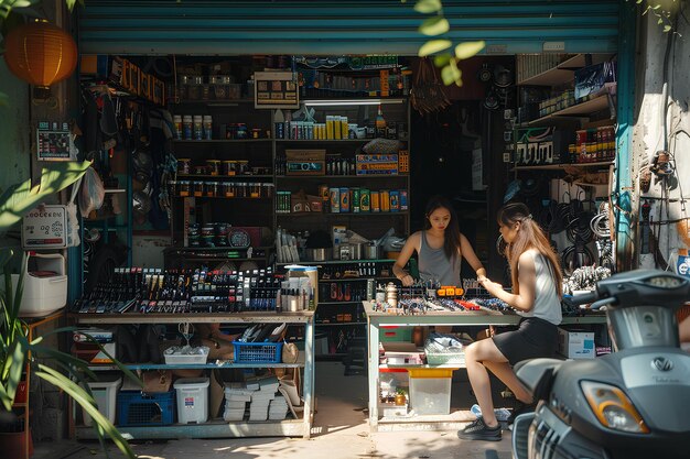 Una mujer sentada en una mesa frente a una tienda con un ciclomotor estacionado cerca y un hombre de pie detrás