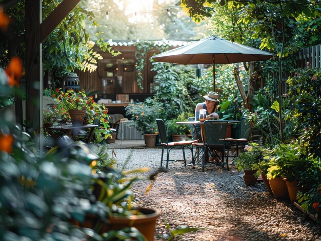 Foto una mujer está sentada en una mesa en un jardín leyendo un libro