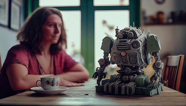 Una mujer sentada en una mesa junto a un robot.