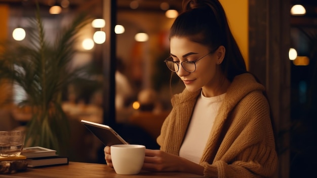 Mujer sentada a la mesa leyendo un libro