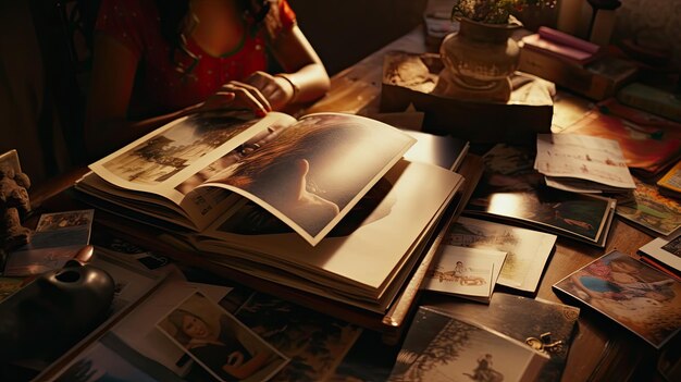 Mujer sentada a la mesa con libros apilados para estudiar y aprender el Día de la Amistad