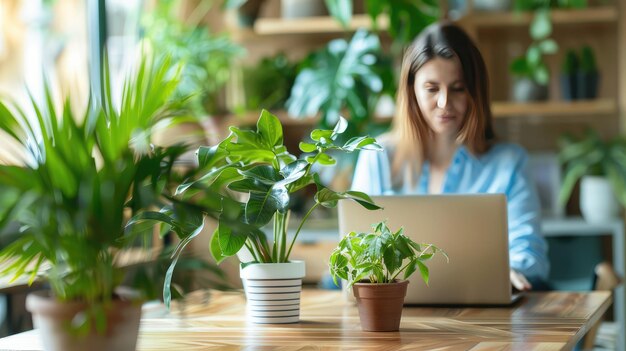 mujer sentada en una mesa de madera y trabajando en una computadora portátil una taza de café con plantas en maceta