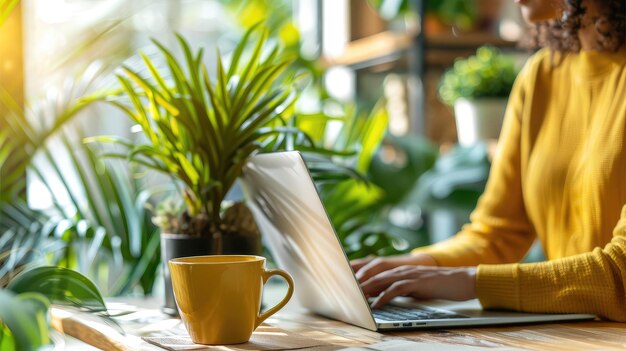 mujer sentada en una mesa de madera y trabajando en una computadora portátil una taza de café con plantas en maceta