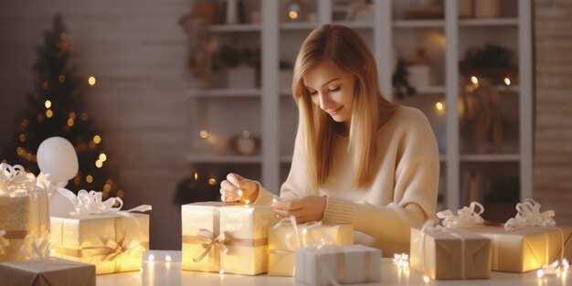 Una mujer sentada a una mesa rodeada de regalos