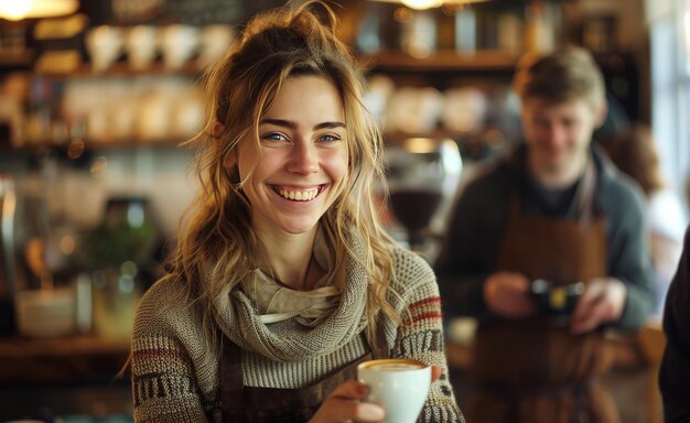 Mujer sentada en la mesa con una taza de café