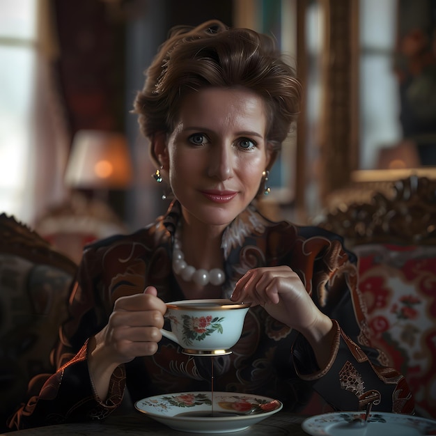 una mujer sentada en una mesa con una taza de té y un platillo