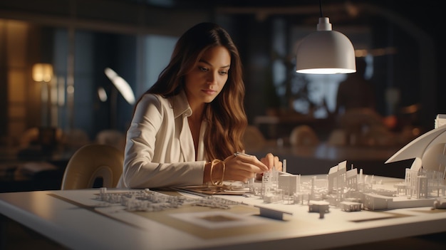 Mujer sentada en la mesa trabajando en el día de la mujer modelo