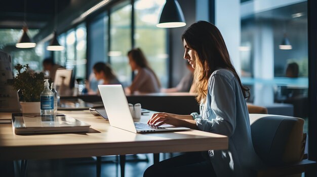 Una mujer sentada en una mesa usando una computadora portátil IA generativa