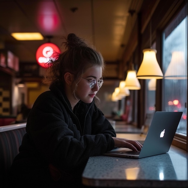 Mujer sentada en la mesa usando una computadora portátil