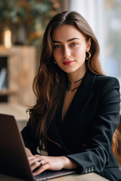 Mujer sentada en la mesa usando una computadora portátil