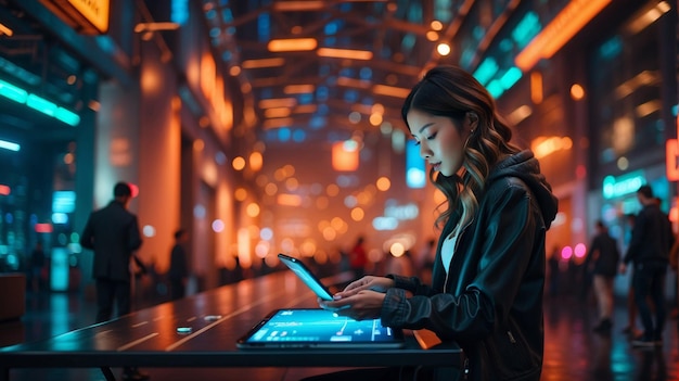 Foto mujer sentada a la mesa usando la tableta para el trabajo, el estudio o el entretenimiento